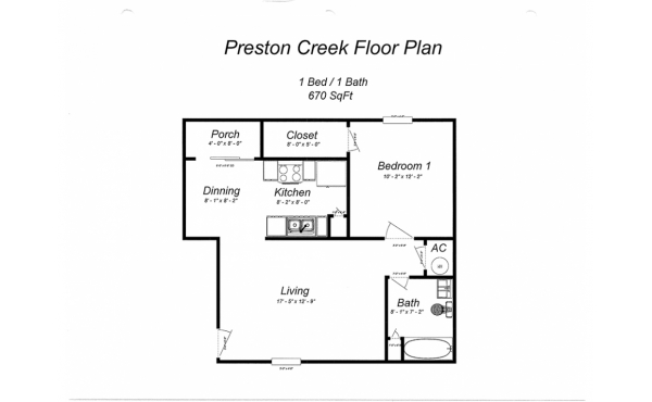 Preston Creek 1 bdr 1 bath floorplan